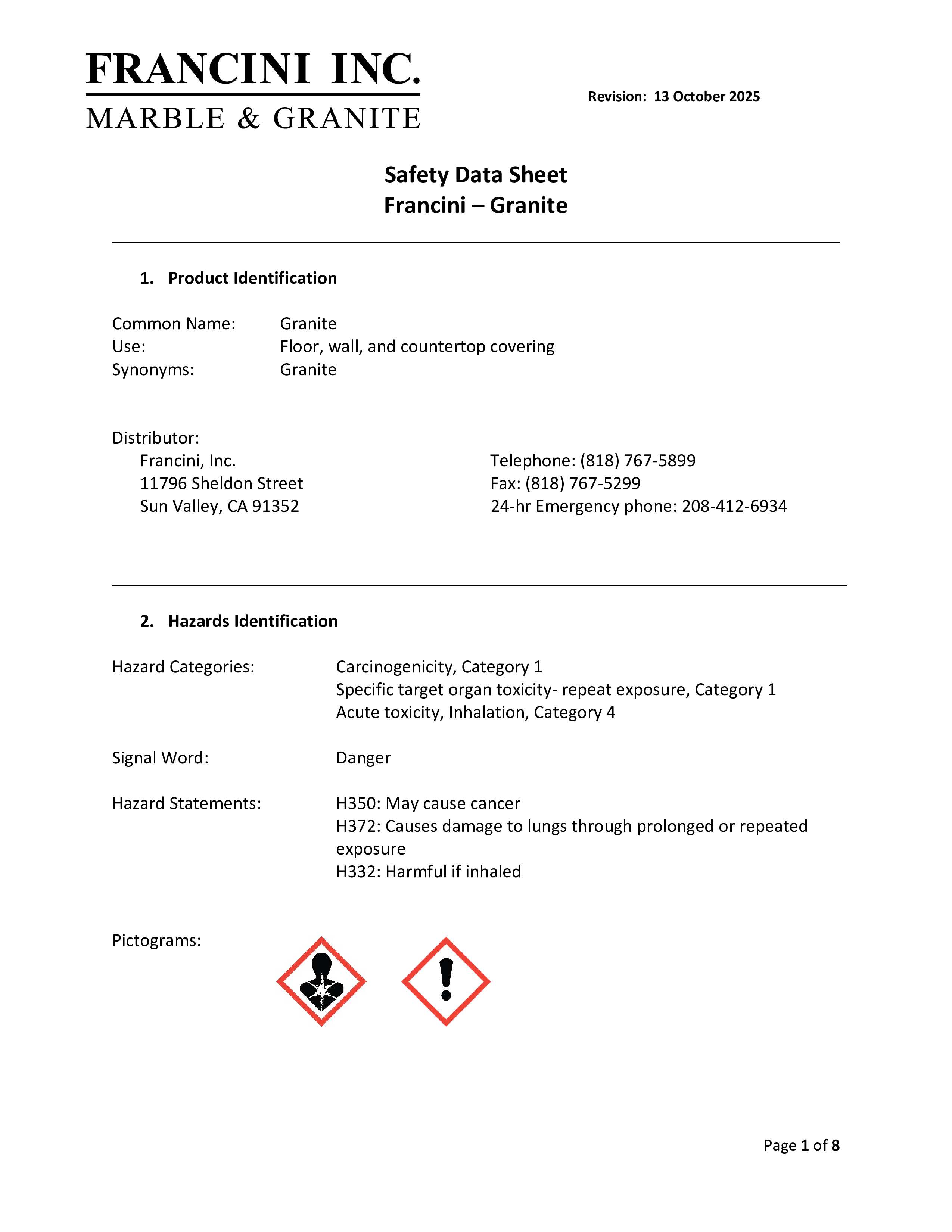View the Granite Safety Sheet